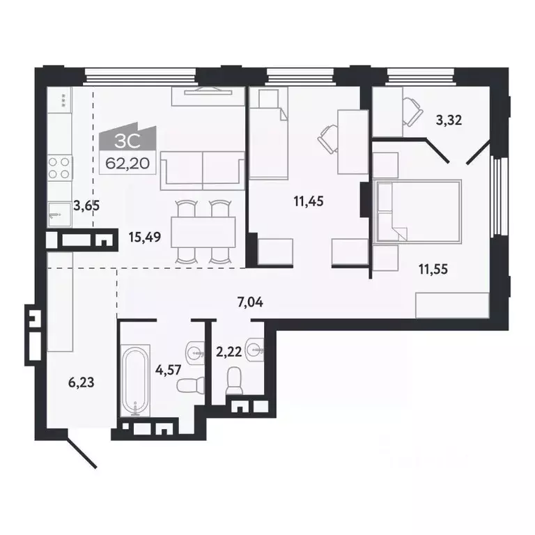 3-к кв. Томская область, Томск Черемошники мкр, ул. Бердская, 14/3 ... - Фото 1