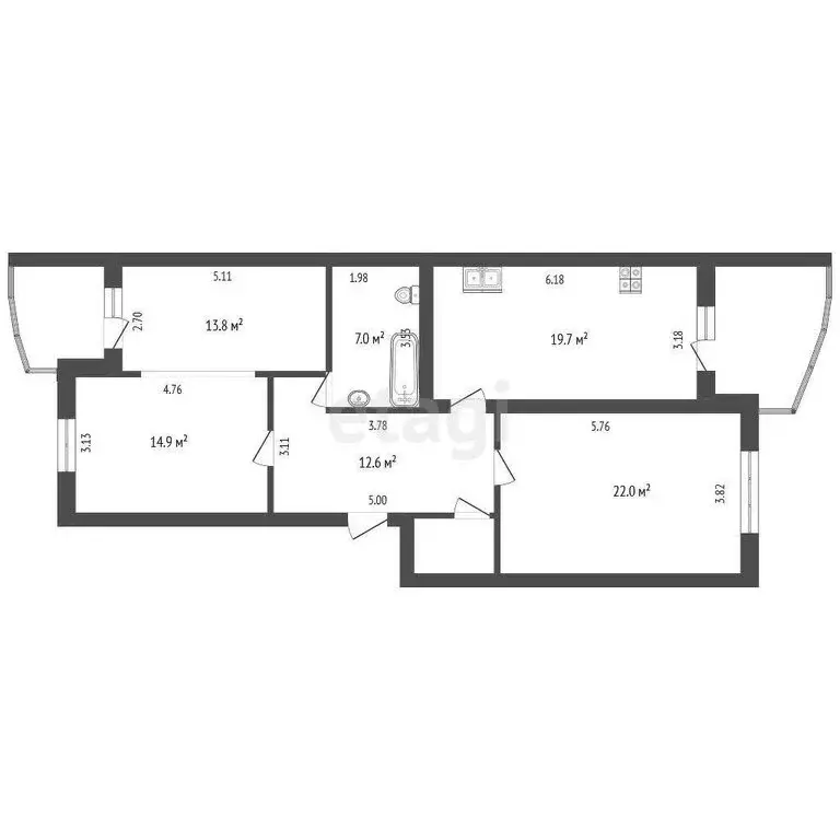 2-комнатная квартира: Тюмень, улица Малыгина, 56к2 (101.1 м) - Фото 0