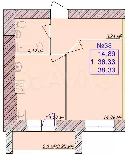 1-к. квартира, 38,3 м, 1/9 эт. - Фото 1