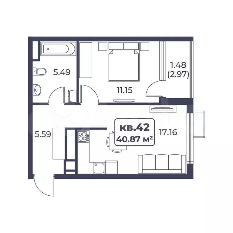 1-к. квартира, 40,9 м, 6/8 эт. - Фото 0