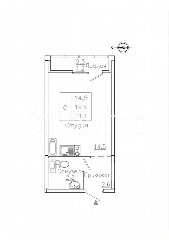 Квартира-студия, 21,1 м, 8/18 эт. - Фото 1