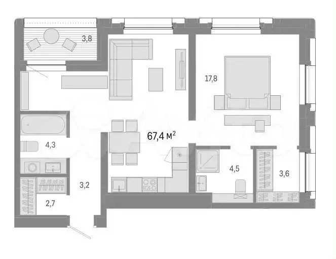 2-к. квартира, 67,4 м, 8/9 эт. - Фото 0