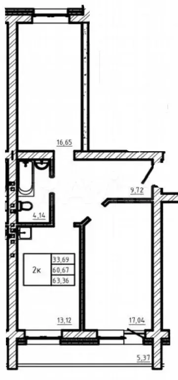 2-к. квартира, 60,6 м, 2/9 эт. - Фото 0