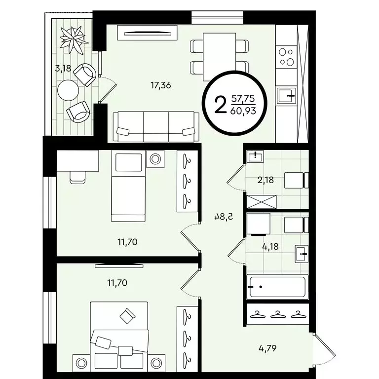 2-комнатная квартира: Тюмень, улица Александра Звягина, 6 (60.93 м) - Фото 0