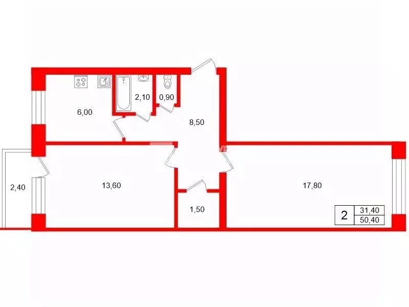 2-к кв. Санкт-Петербург просп. Энергетиков, 46К1 (50.4 м) - Фото 2
