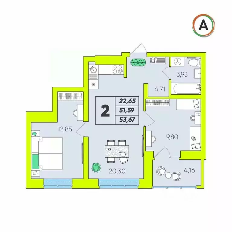 2-к кв. Калужская область, Калуга Зеленый жилой комплекс (53.67 м) - Фото 1