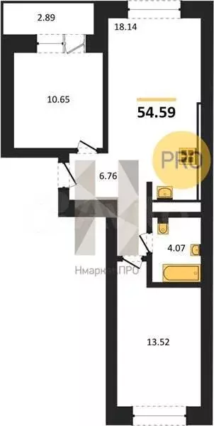2-к. квартира, 54,6 м, 2/9 эт. - Фото 1