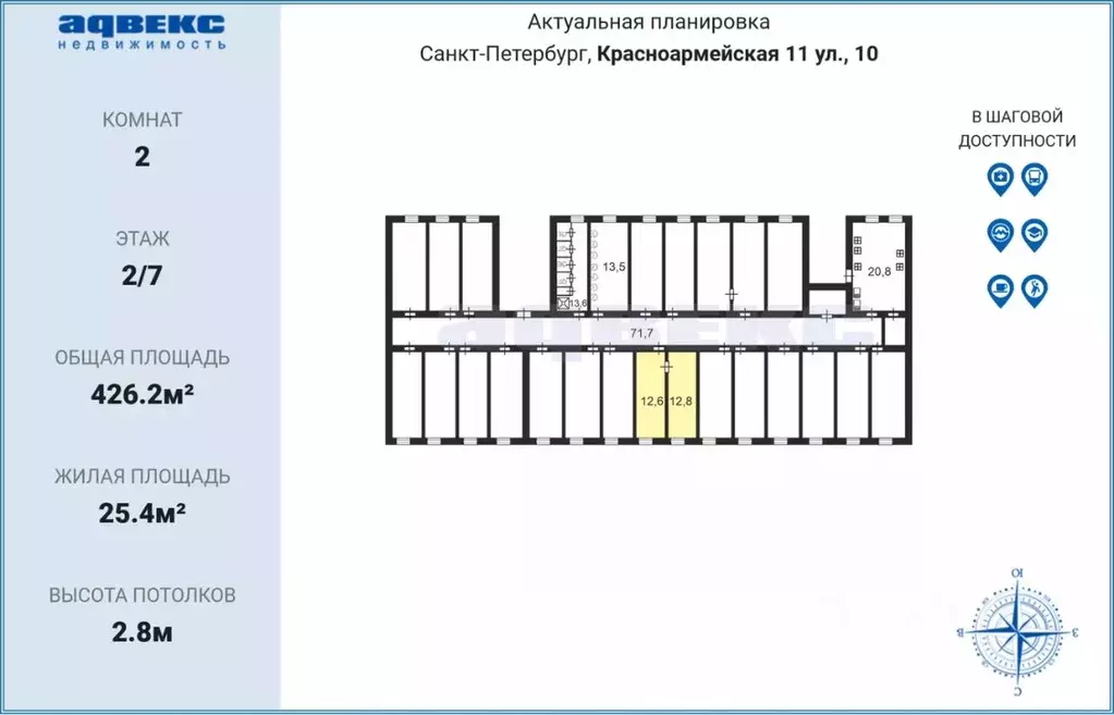 Комната Санкт-Петербург 11-я Красноармейская ул., 10 (25.4 м) - Фото 1