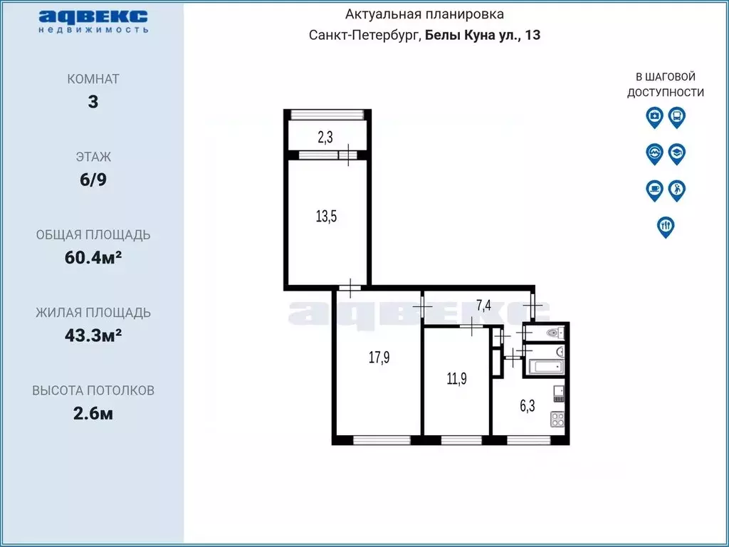 3-к кв. Санкт-Петербург ул. Белы Куна, 13К4 (60.4 м) - Фото 2
