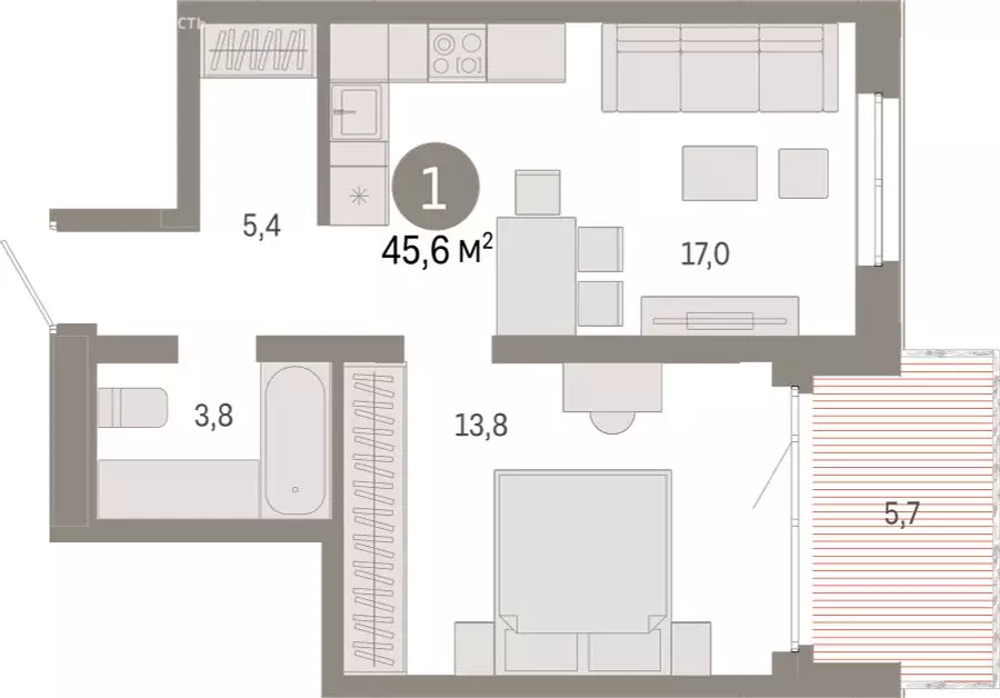 1-комнатная квартира: Екатеринбург, улица Советских Женщин (45.6 м) - Фото 1