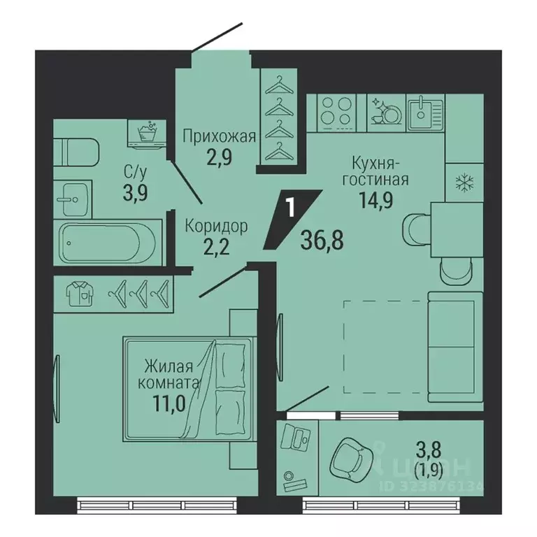 1-к кв. Свердловская область, Екатеринбург Вторчермет жилрайон,  (36.8 ... - Фото 2