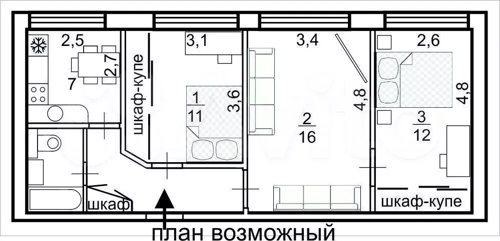 3-к. квартира, 60 м, 1/16 эт. - Фото 1