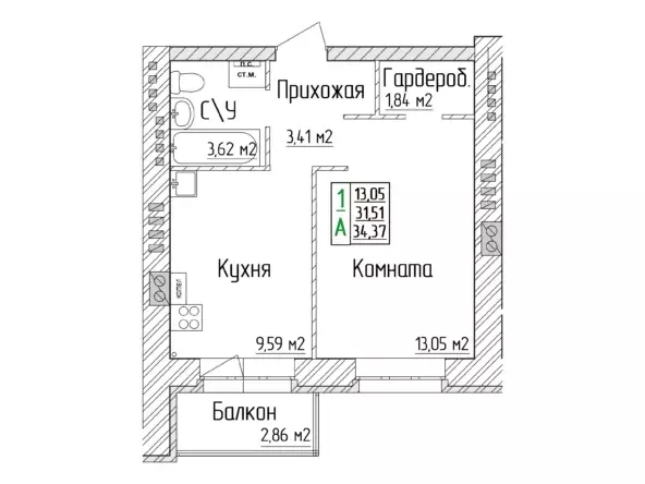 1-к квартира, 34.37 м - Фото 0