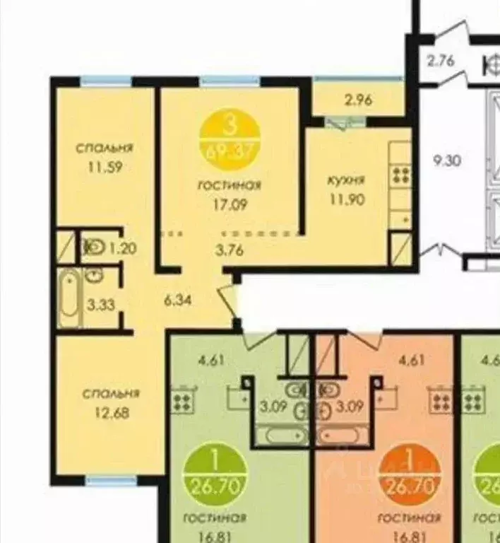 3-к кв. Ростовская область, Ростов-на-Дону Суздальский пер., 17 (68.0 ... - Фото 2