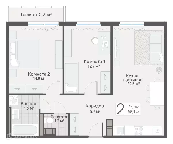 Продаётся 2-к квартира, 65.1 м - Фото 0