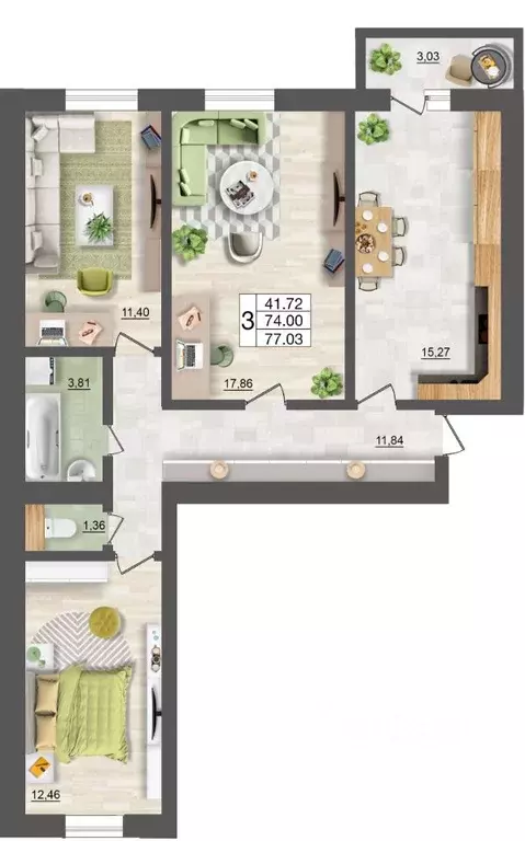 3-к кв. Смоленская область, Смоленск Краснинское ш., 28А (77.2 м) - Фото 1
