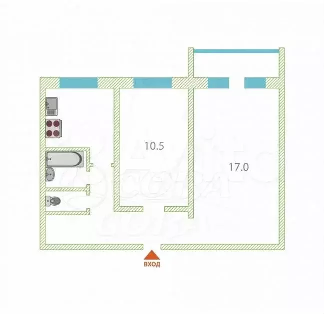 2-к. квартира, 43,5 м, 2/5 эт. - Фото 0