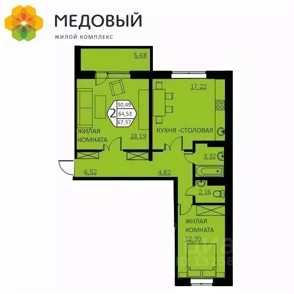 2-к кв. Пермский край, д. Кондратово ул. Г.Н. Нифантова, 4Б (67.37 м) - Фото 0