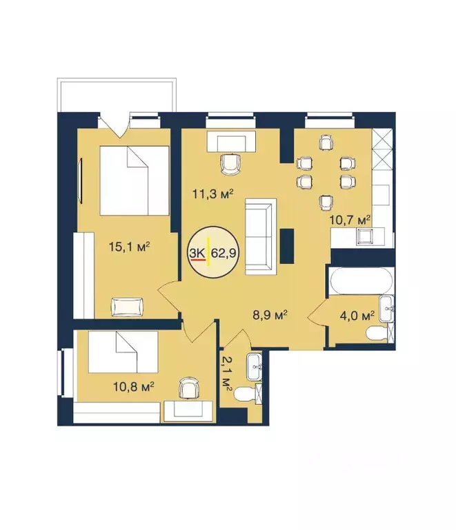 3-к кв. Тюменская область, Тюмень Таежная ул., 2 (62.9 м) - Фото 0