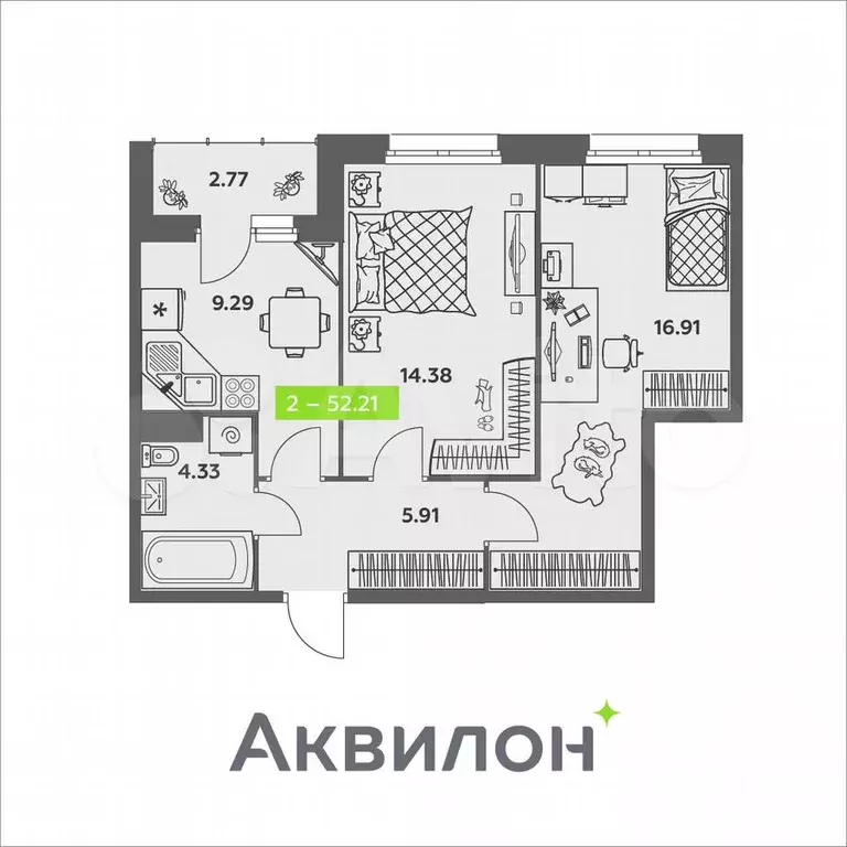2-к. квартира, 52,2 м, 7/8 эт. - Фото 0