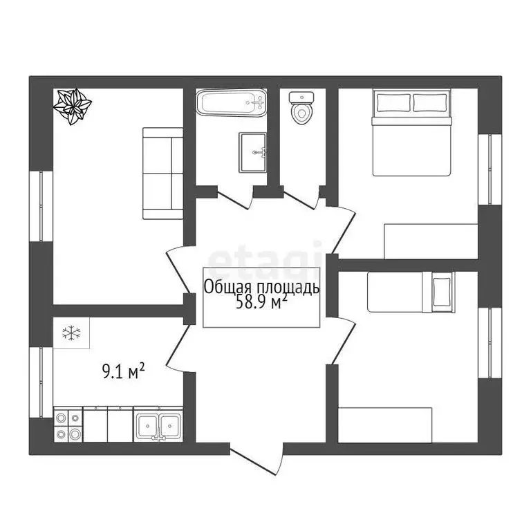 3-комнатная квартира: поселок Агролес, улица Мичурина, 18 (58.9 м) - Фото 1