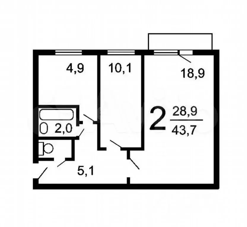 2-к. квартира, 43,7 м, 3/5 эт. - Фото 0
