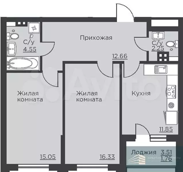 2-к. квартира, 64,4 м, 4/18 эт. - Фото 0