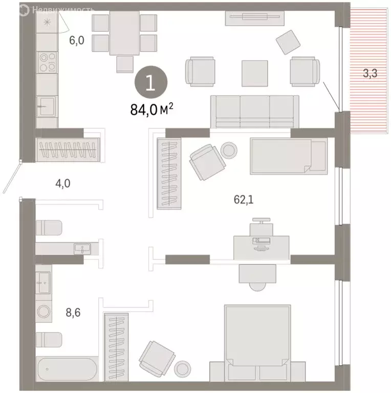 1-комнатная квартира: Тюмень, улица Республики, 205к1 (84.02 м) - Фото 2