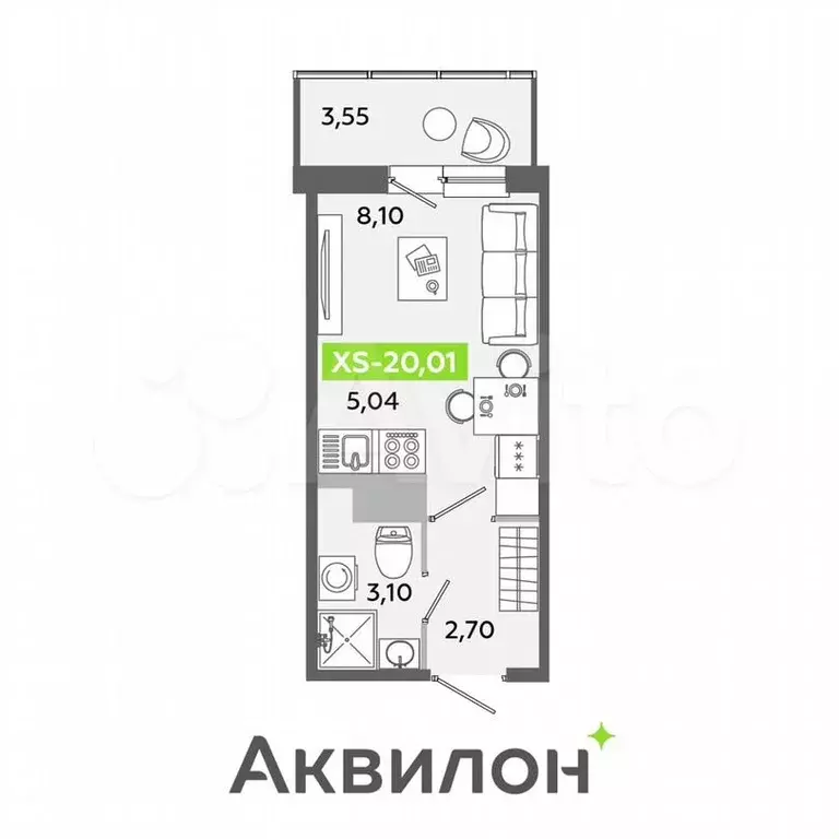 Квартира-студия, 20м, 5/12эт. - Фото 1