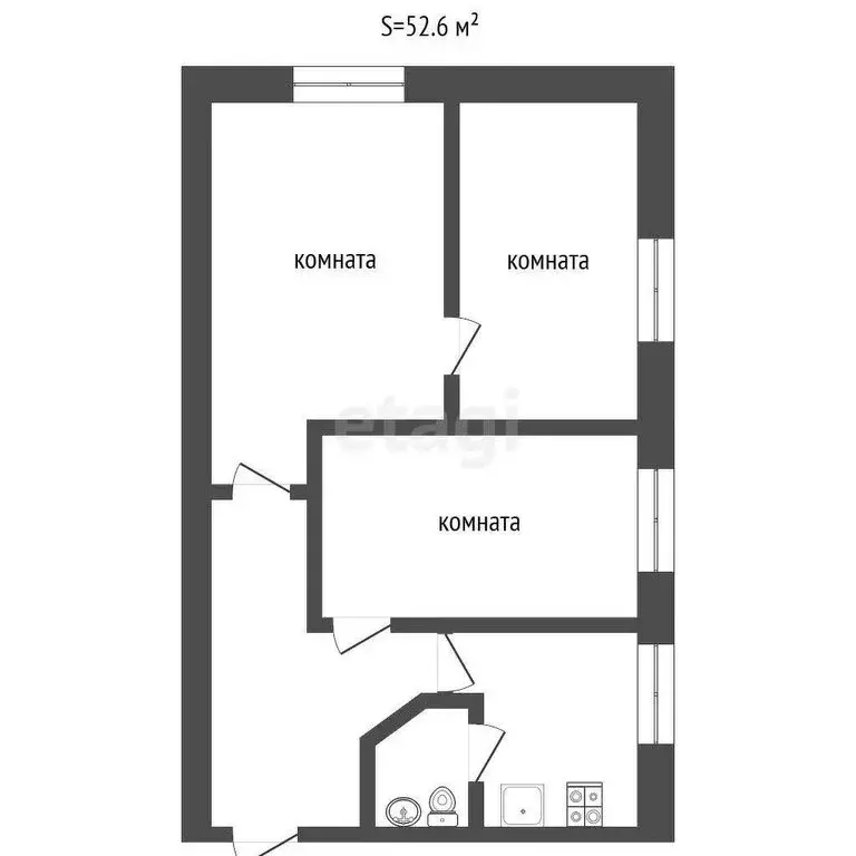 3-комнатная квартира: село Бердюгино, улица Механизаторов, 19 (52.6 м) - Фото 1