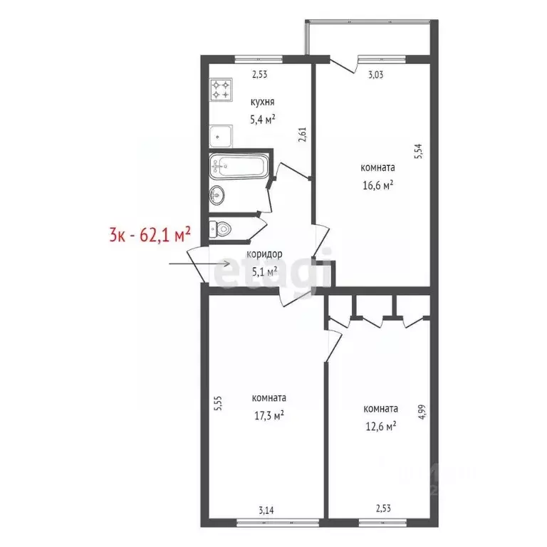 3-к кв. Свердловская область, Екатеринбург ул. Фурманова, 46 (62.1 м) - Фото 2