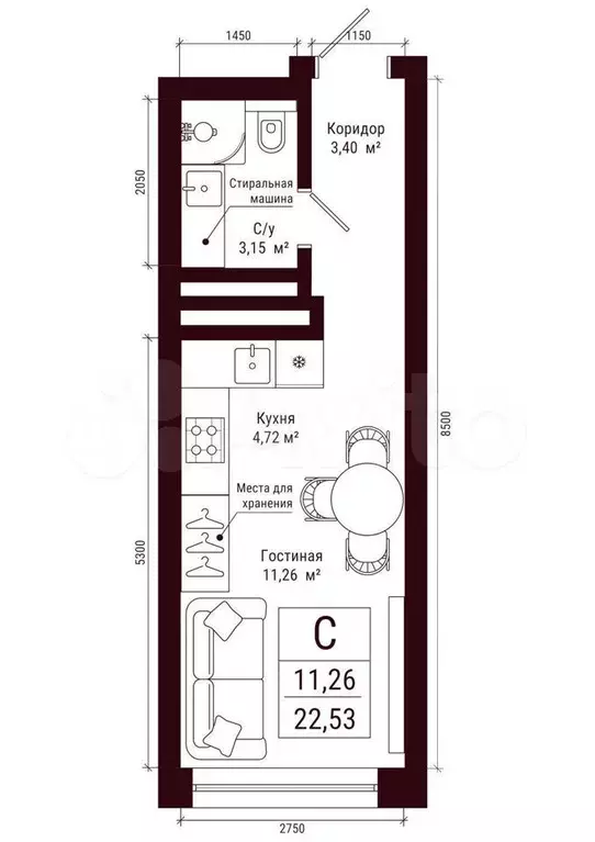 Апартаменты-студия, 22,5 м, 5/34 эт. - Фото 0