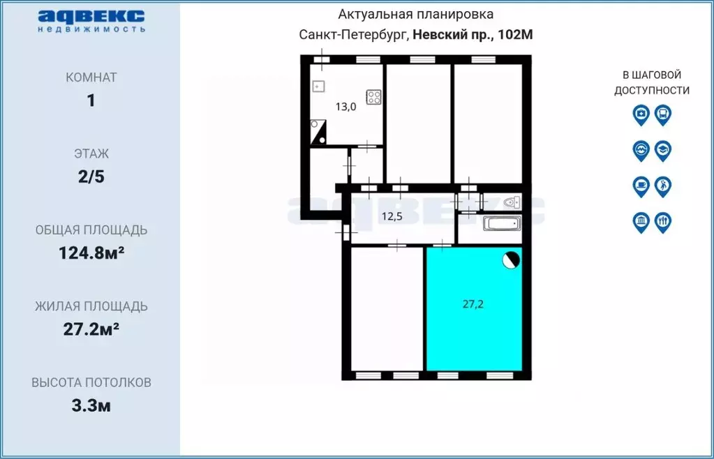 Комната Санкт-Петербург Невский просп., 102М (27.2 м) - Фото 2