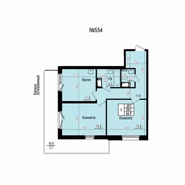 2-комнатная квартира: посёлок Парголово, Ольгинская дорога, 3/20 (64.9 ... - Фото 2