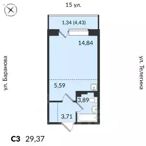 1-к кв. Удмуртия, Ижевск 15-я ул., 13 (29.37 м) - Фото 0