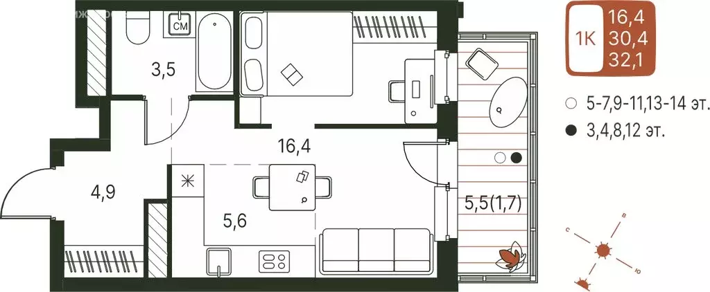1-комнатная квартира: Пермь, микрорайон Ива, ЖК Погода (32.1 м) - Фото 1