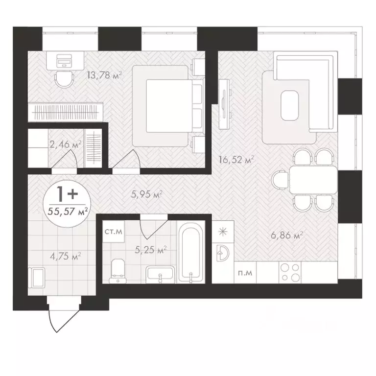 1-к кв. Башкортостан, Уфа Южный-2 мкр,  (55.57 м) - Фото 1