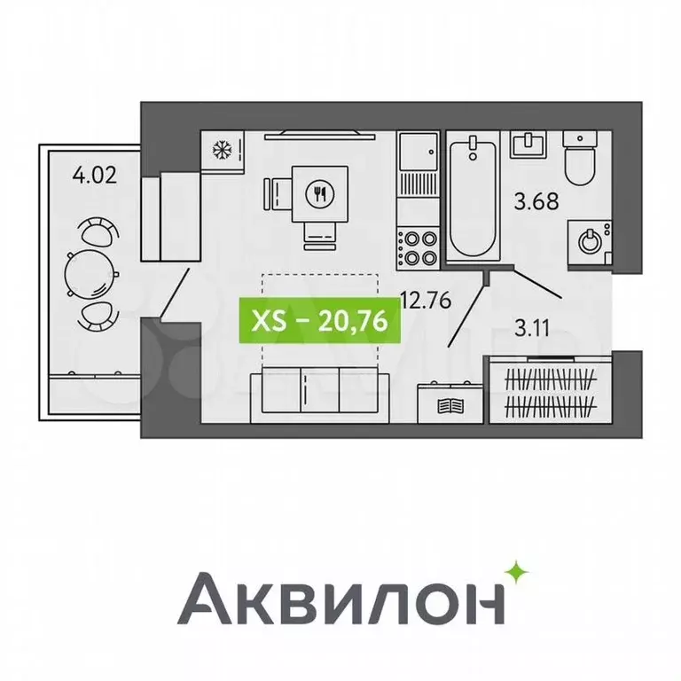 Квартира-студия, 20,8м, 4/9эт. - Фото 1