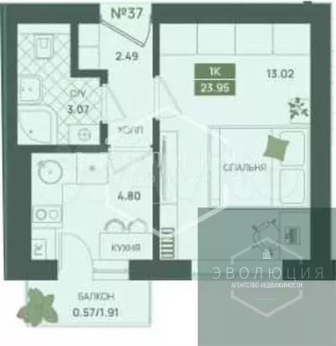 1-к. квартира, 24 м, 2/5 эт. - Фото 0