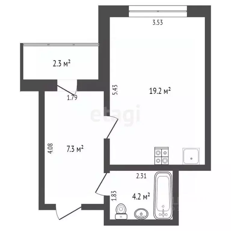 Студия Тюменская область, Тюмень ул. Ю.-Р.Г. Эрвье, 32к1 (30.5 м) - Фото 1