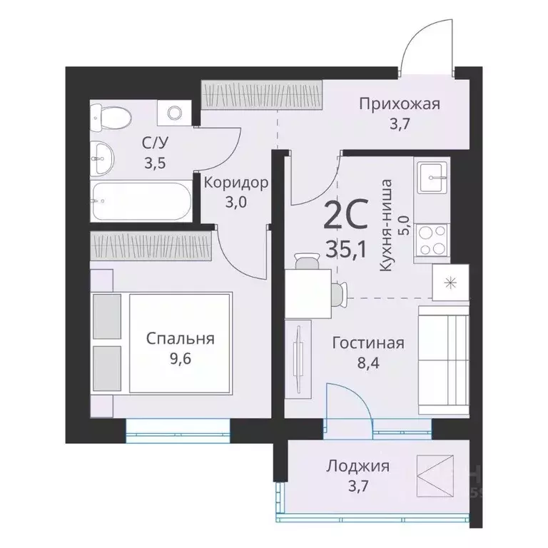 2-к кв. Новосибирская область, Новосибирск  (35.1 м) - Фото 0