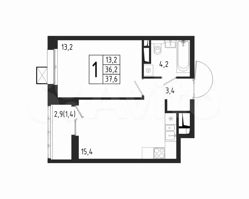 1-к. квартира, 37,6 м, 2/11 эт. - Фото 0