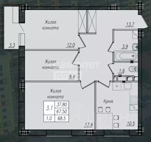 3-к кв. Курская область, Курск ул. Энгельса, 158к1 (68.5 м) - Фото 1