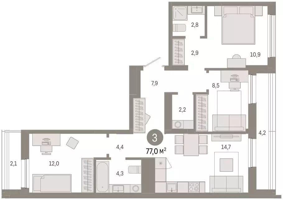 3-комнатная квартира: Тюмень, улица Республики, 205к1 (77.2 м) - Фото 1