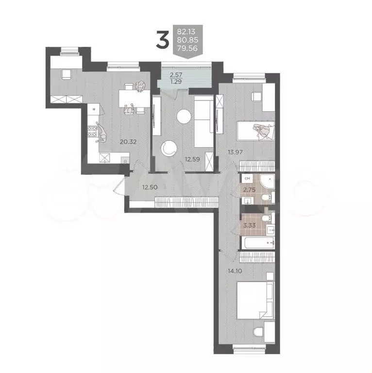 3-к. квартира, 80,9 м, 9/9 эт. - Фото 1
