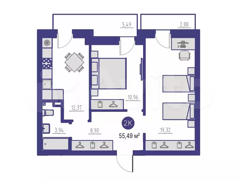2-к. квартира, 55,5 м, 2/4 эт. - Фото 1