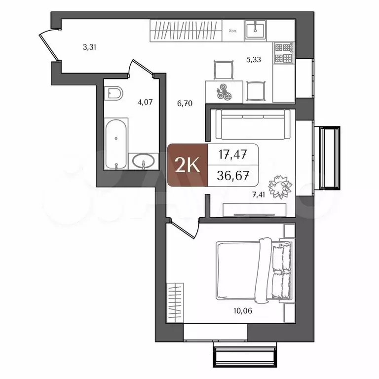2-к. квартира, 36,7 м, 20/21 эт. - Фото 1