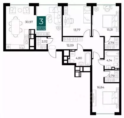 3-к кв. Рязанская область, Рязань Арт Кварталы жилой комплекс (103.52 ... - Фото 1