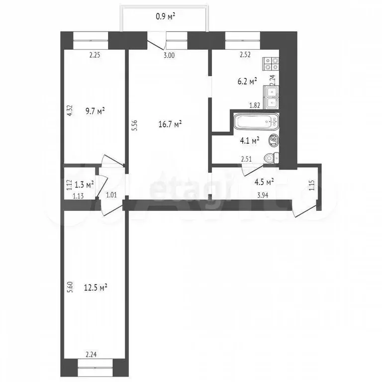 3-к. квартира, 56,1 м, 2/5 эт. - Фото 0