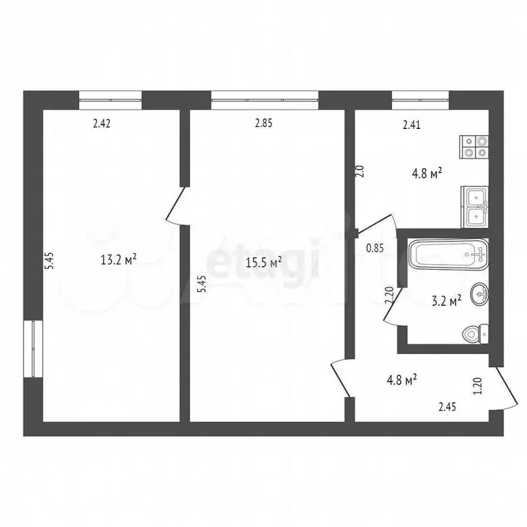2-к. квартира, 41,5 м, 2/2 эт. - Фото 0